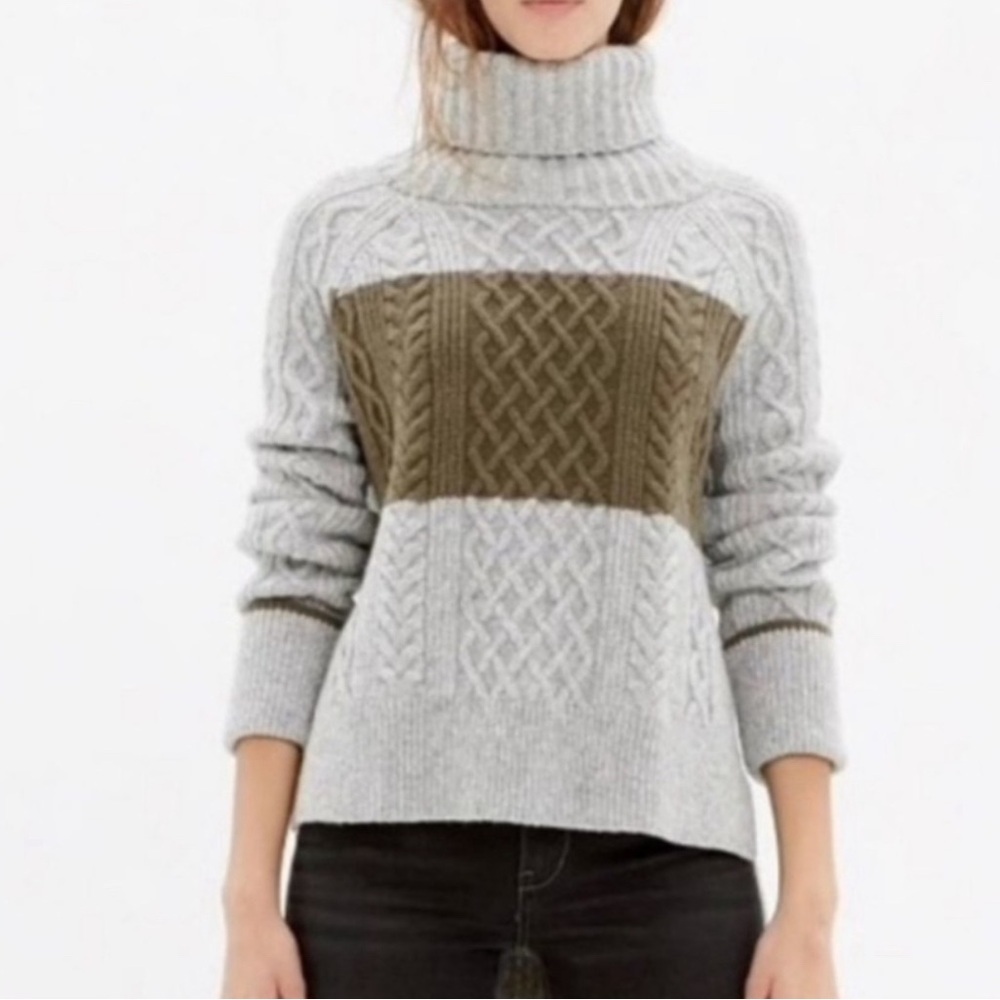 Madewell Wool Alpaca Cable Knit Turtleneck Sweater‎ Gray Olive A9558 XS